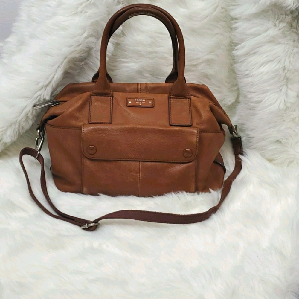 Fossil Brown Leather Crossbody Handbag Purse Vintage Zip Top